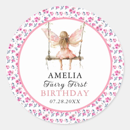 Sticker Rond Fée Première aquarelle Florale Filles 1er annivers (Devant)