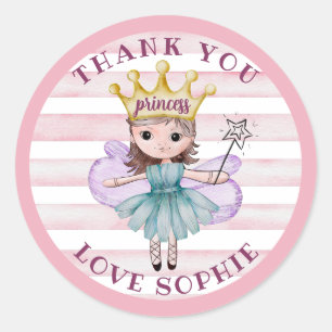 Sticker Rond Fée Princesse Rose & Or Favori de Remerciement