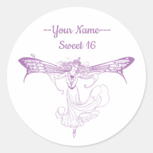 Sticker Rond Fée Queen Mab, Sweet Sixteen en violet