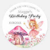 Sticker Rond Fée souriante et champignons roses fête d'annivers (Devant)