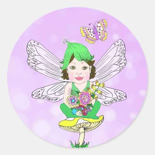 Sticker Rond Fée Whimsical Little Elf, champignons et papillon (Devant)
