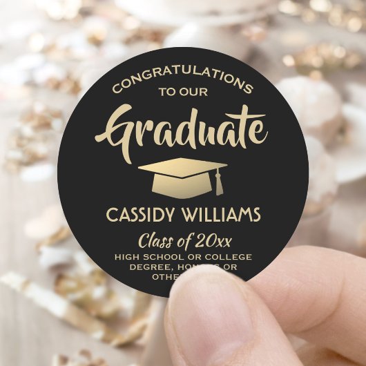 Sticker Rond Félicitations Black and Gold Modern Graduation