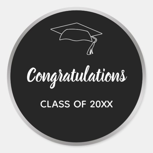 Sticker Rond Félicitations Black Silver Elegant Class of 2025 (Devant)
