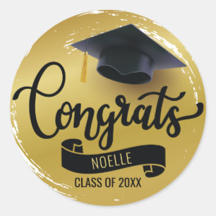 Sticker Rond Félicitations, Casquette noire, Nom, Gold