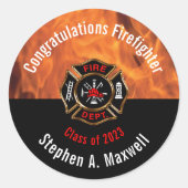 Sticker Rond Félicitations Classe Flames de pompiers | Nom (Devant)