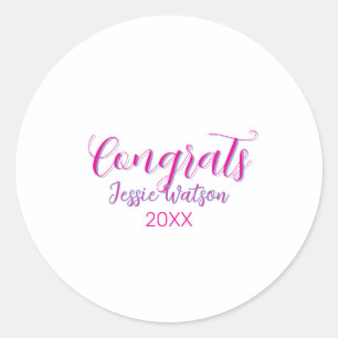 Sticker Rond Félicitations diplômé rose violet nom année 20XX d