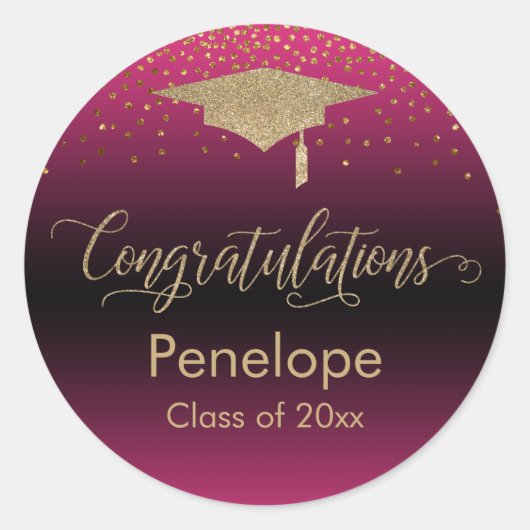 Sticker Rond Félicitations Gold Confetti Graduation Hot Pink (Devant)