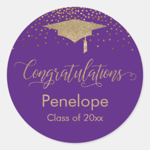 Sticker Rond Félicitations Gold Confetti Graduation Purple