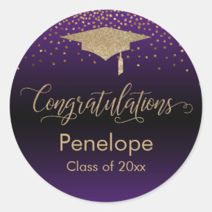 Sticker Rond Félicitations Gold Confetti Graduation Purple