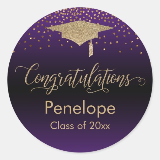 Sticker Rond Félicitations Gold Confetti Graduation Purple (Devant)