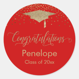 Sticker Rond Félicitations Gold Confetti Graduation Rouge