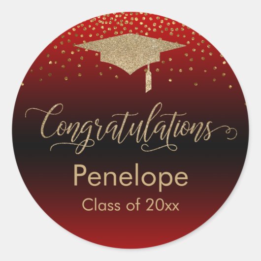 Sticker Rond Félicitations Gold Confetti Graduation Rouge (Devant)
