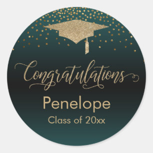 Sticker Rond Félicitations Gold Confetti Graduation Turquoise