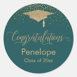 Sticker Rond Félicitations Gold Confetti Graduation Turquoise