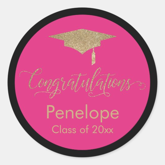 Sticker Rond Félicitations Gold Graduation Cap Hot Pink (Devant)