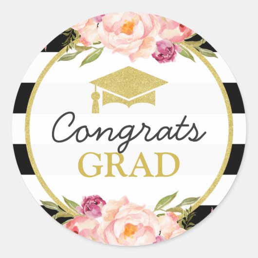 Sticker Rond Félicitations Grad | Floral Stripes Glam Graduatio (Devant)