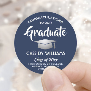 Sticker Rond Félicitations Marine Blue White Silver Graduation