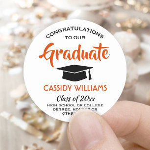 Sticker Rond Félicitations Orange Black and White Graduation
