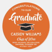 Sticker Rond Félicitations Orange, Blanc et Noir Graduation (Devant)