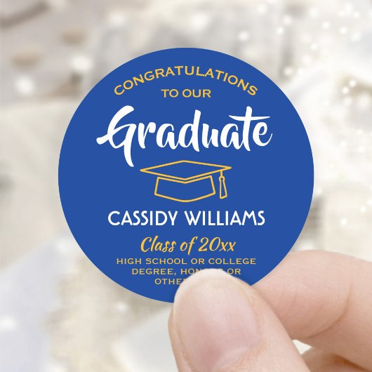 Sticker Rond Félicitations Royal Blue et Gold Graduation