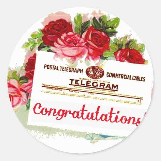 Sticker Rond Félicitations Telegram Roses carte postale Vintage (Devant)