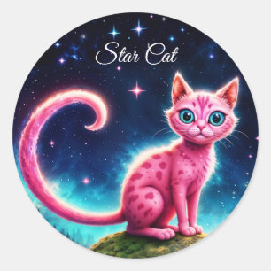 Sticker Rond Félin aux yeux bleus magiques sous des étoiles bri