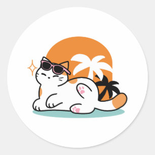Sticker Rond Feline fin au soleil - Chat Tropical relaxé
