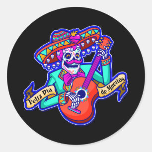 Sticker Rond Feliz Dia De Muertos avec Squelette Jouer de la gu