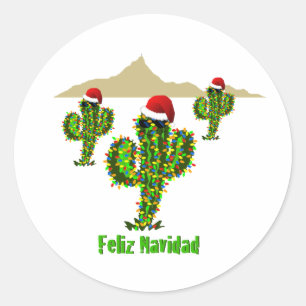 Sticker Rond Feliz Navidad - Arizona Noël Lumières Saguaro
