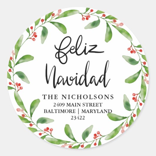 Sticker Rond Feliz Navidad Holly Wreath | Adresse de retour (Devant)