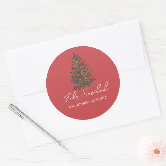 Sticker Rond Feliz Navidad-Merry Christmas Tree and Lights (Enveloppe)