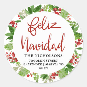 Sticker Rond Feliz Navidad Red Aquarelle Holly Wreath