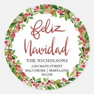 Sticker Rond Feliz Navidad Red Aquarelle Holly Wreath