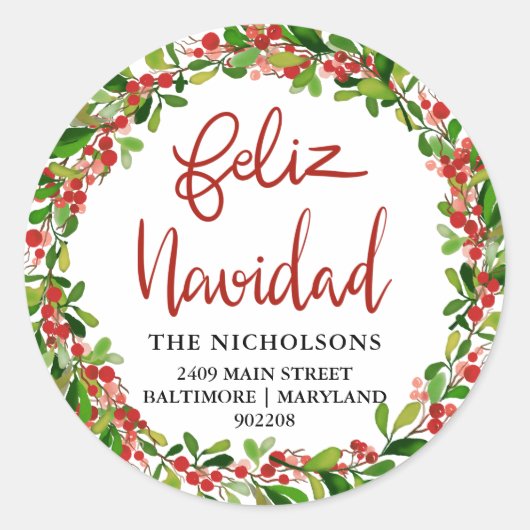 Sticker Rond Feliz Navidad Red Aquarelle Holly Wreath (Devant)