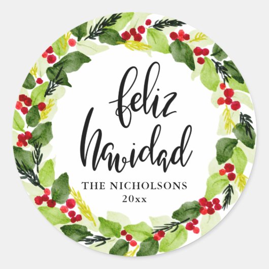 Sticker Rond Feliz Navidad Script Red Berry Vacances Wreath (Devant)