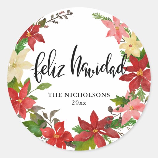 Sticker Rond Feliz Navidad Script Red Poinsettia Florale Wreath (Devant)