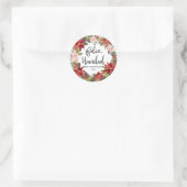 Sticker Rond Feliz Navidad Script Rouge Poinsettia Wreath Class (Sac)