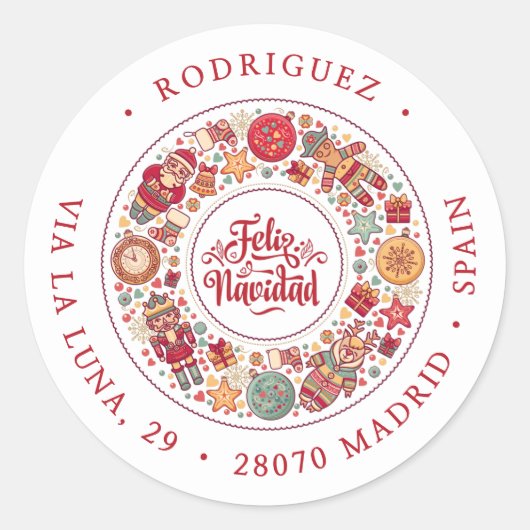 Sticker Rond Feliz Navidad Wreath Adresse de retour (Devant)