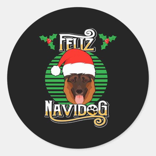 Sticker Rond Feliz Navidog German Shepherd Dog Holiday Merry Ch (Devant)