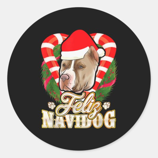 Sticker Rond Feliz Navidog Tbull With Santa Claus Hat Ttie Chri (Devant)