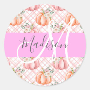 Sticker Rond Féminin Chic Fleur Rose Pêche Citrouille Monogramm