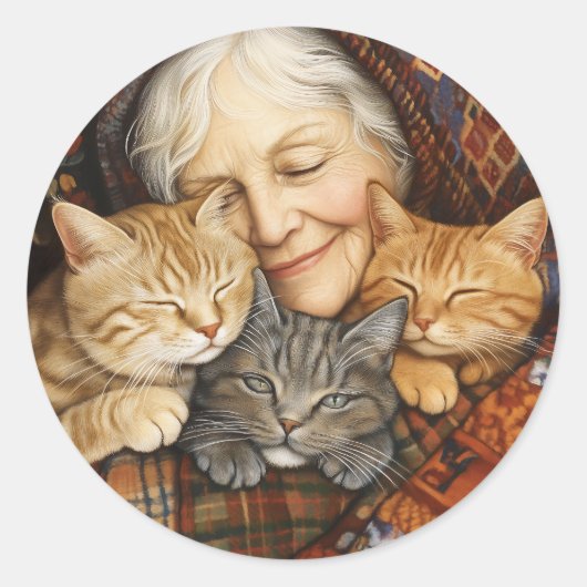 Sticker Rond Femme Âgée Embrasser Trois Chats Cosy (Devant)