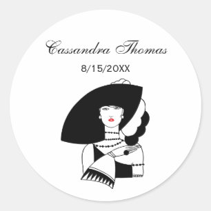 Sticker Rond Femme Art Déco avec grand chapeau et gants RL