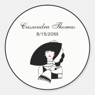 Sticker Rond Femme Art Déco avec grand chapeau et gants RL