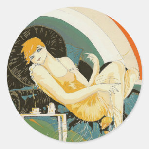 Sticker Rond Femme Art Déco vintage allongée sur un canapé, Cho