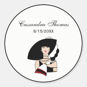 Sticker Rond Femme Art Déco Vintage portant un chapeau des gant