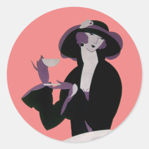 Sticker Rond Femme Art Déco Vintage, Thé de l'Après-Midi et Gât
