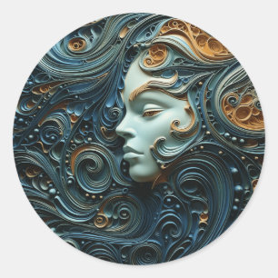 Sticker Rond Femme au Clair de Lune en Art 3D