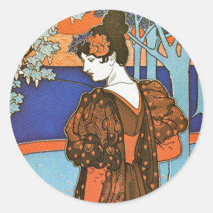 Sticker Rond Femme aux paons - Louis Rhead