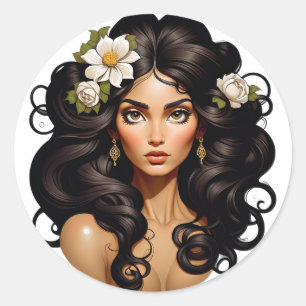 Sticker Rond Femme avec des fleurs dans les cheveux.